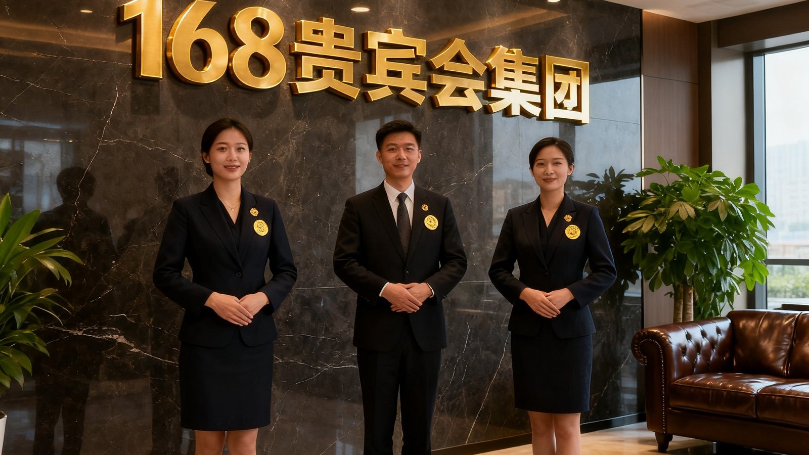 168贵宾会集团上海陆家嘴总部前台接待区，深色大理石墙面中央镶嵌着金色立体企业标识，暖色调筒灯照亮空间，三位身着深色职业套装、佩戴金色徽章的接待专员正以标准礼仪站姿迎接访客，背景可见绿植与皮革沙发