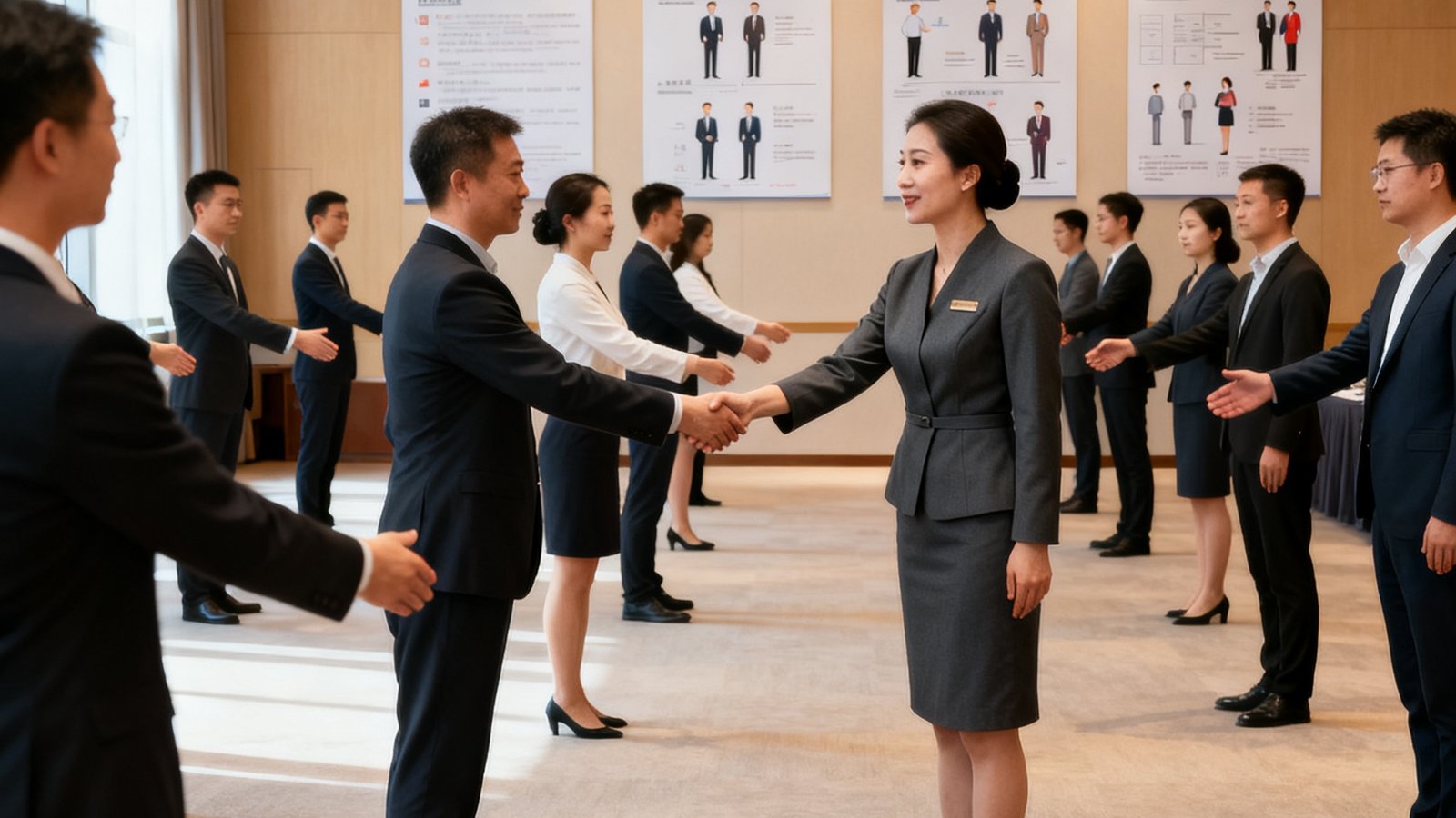 宽敞的培训教室内，学员们正在练习国际商务握手礼仪，讲师身着深灰色套装进行示范，墙上悬挂着多国国旗和礼仪规范图解